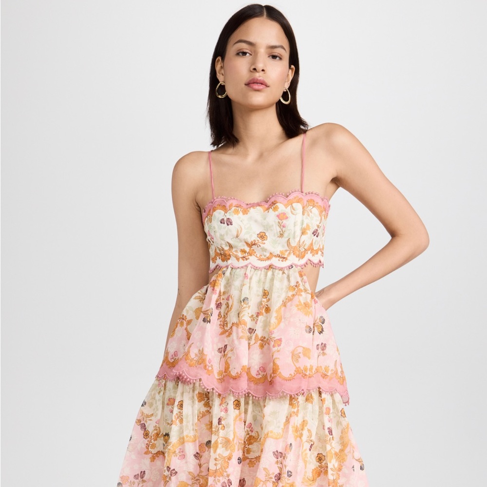 Zimmermann 
Laurel Frill Midi Dress 
Pink Green Floral, 0